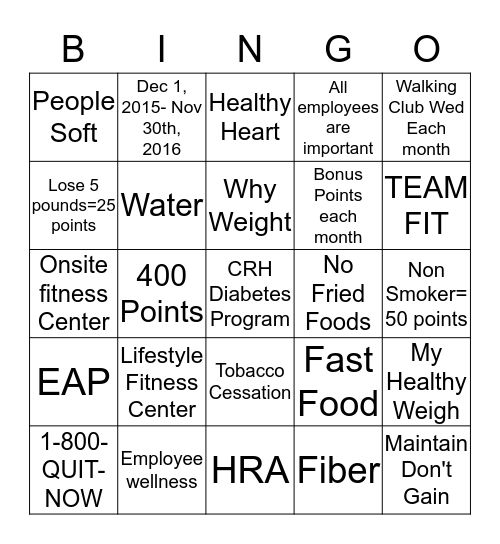 Healthy Me Bingo Card