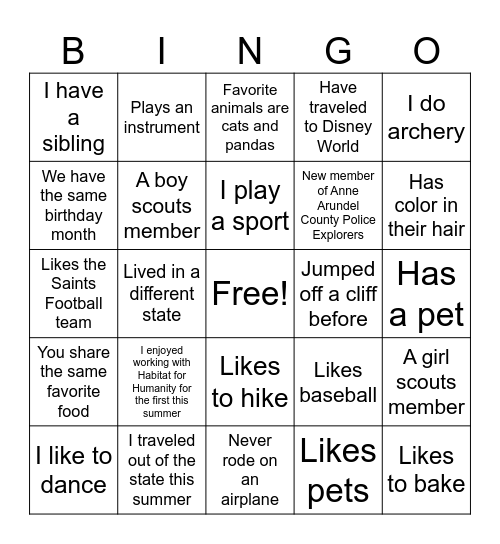 Youth Group Bingo Card