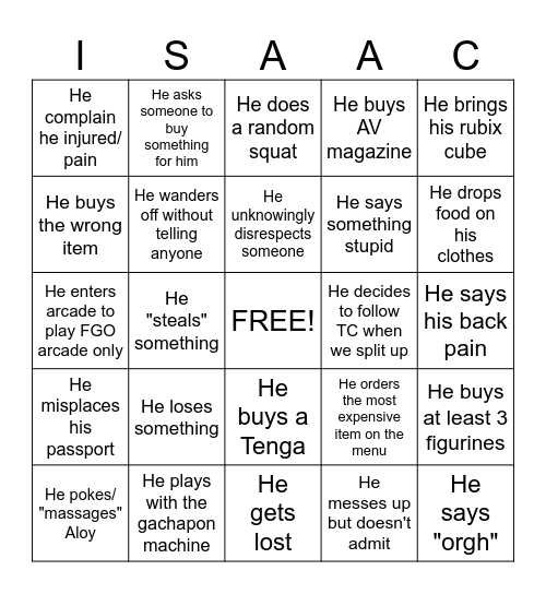 ISAAC Bingo Card