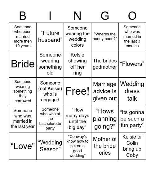Kelsie’s Bridal Shower Bingo Card