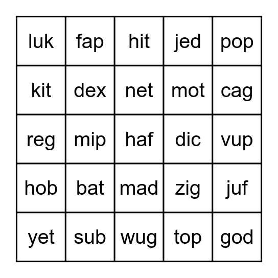 Phonics: a, e, i, o, u Bingo Card