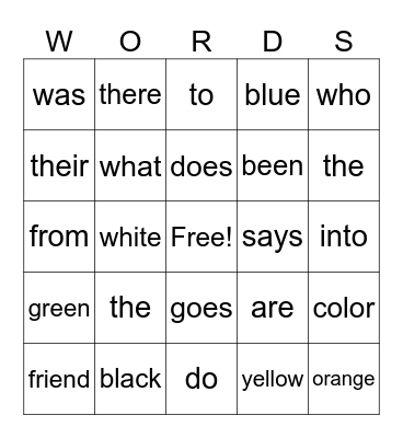 SIGHT WORD BINGO Card
