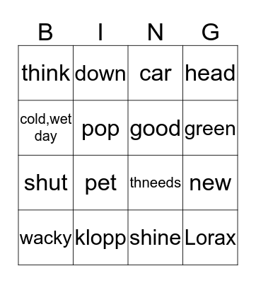 Dr. Suess Bingo Card