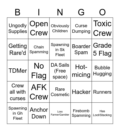 Sea of Thieves Hourglass PvP Bingo Card