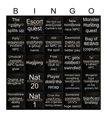 Sunforged Episode 4: The Begininning Bingo Card