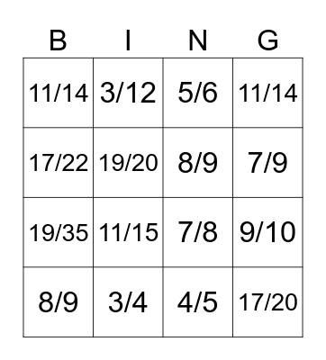 Fractions Addition Bingo Card