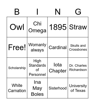 Chi O Bingo Card