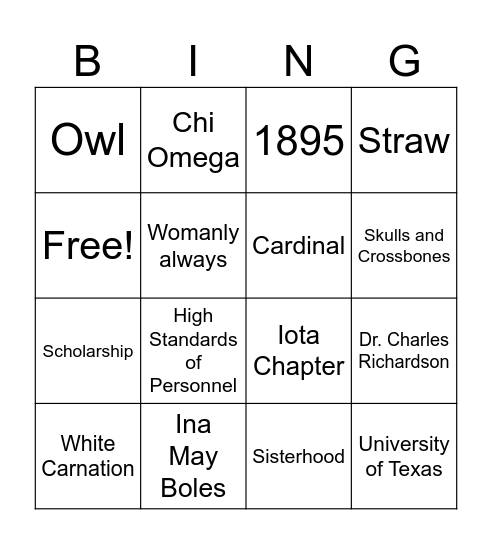 Chi O Bingo Card