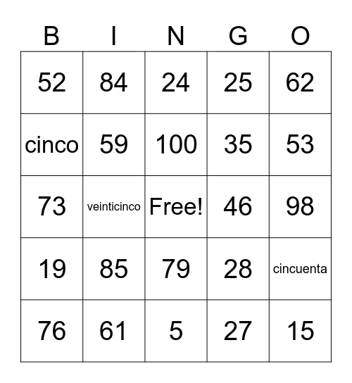 numeros 1-100 Bingo Card