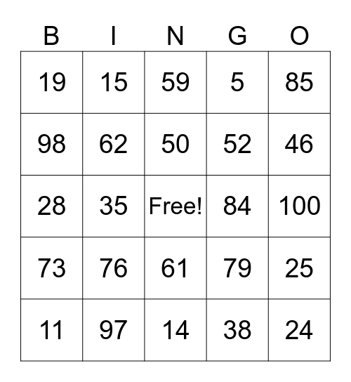 numeros 1-100 Bingo Card