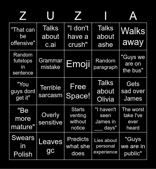 ZUZIA BINGO Card