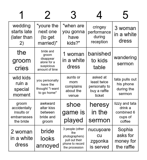 wedding scorecard Bingo Card