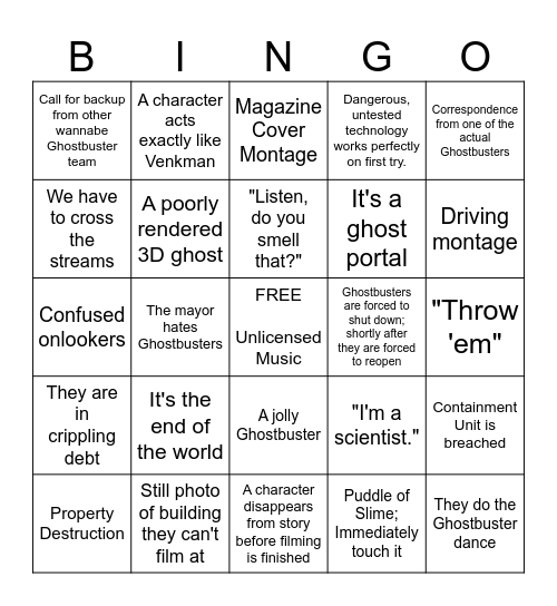 Ghost Buster Fan Film Bingo Card