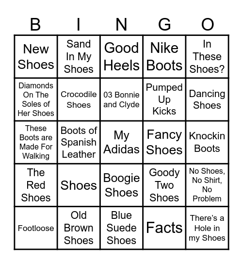 Whoa, Cool Shoes Bingo Card