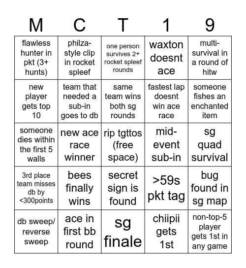MCT 19 Bingo Card