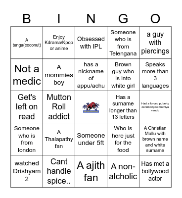 Tamil and Malayali Society Bingo Card