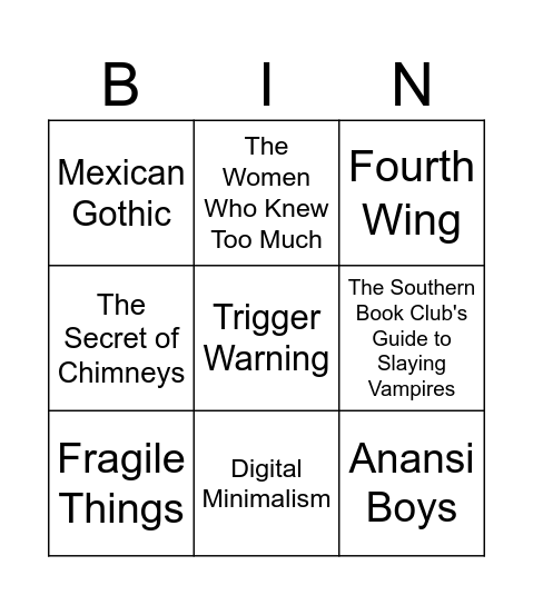 TBR October/November Bingo Card