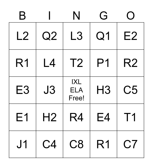 IXL Reading Bingo Card