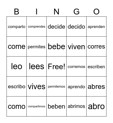 Spanish Present Tense -ER/-IR Verbs Bingo Card