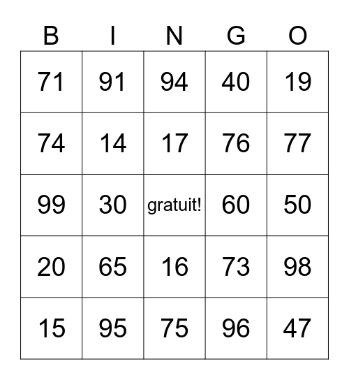 Les nombres de 1 à 100 Bingo Card