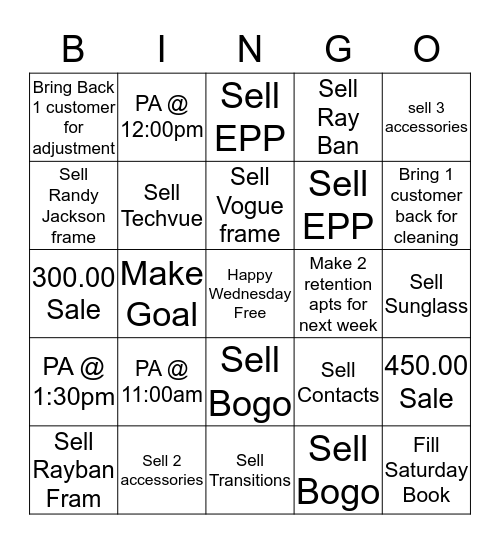 Sears Optical Bingo!! Bingo Card