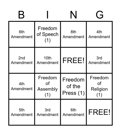 Bill of Rights Bingo Card