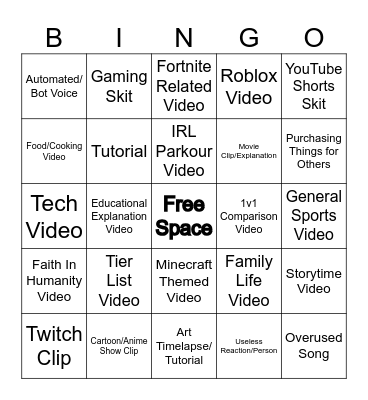 YouTube Shorts Bingo (SirNooby) Bingo Card