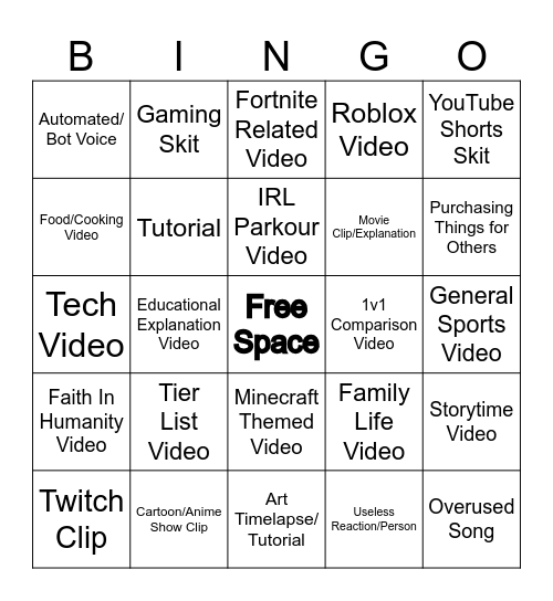 YouTube Shorts Bingo (SirNooby) Bingo Card