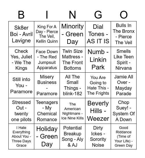 Emo Bingo Card