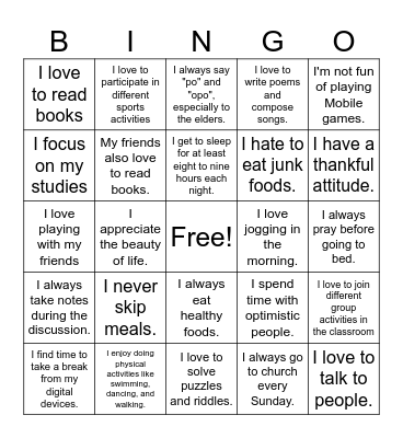 Healthy Habits, Bingo! Bingo Card