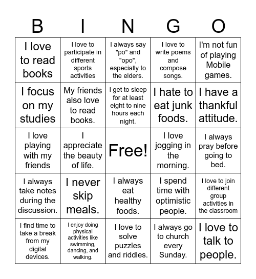 Healthy Habits, Bingo! Bingo Card