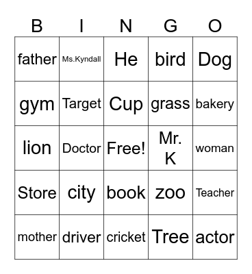Noun Bingo Card