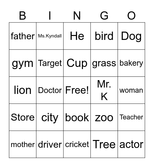 Noun Bingo Card