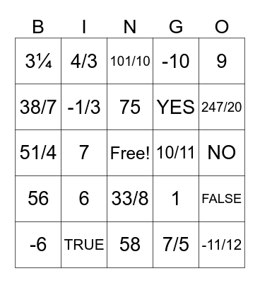FRACTION BINGO Card