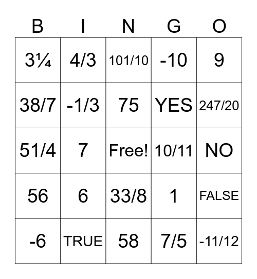 FRACTION BINGO Card