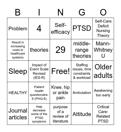 Nursing Research Bingo Card