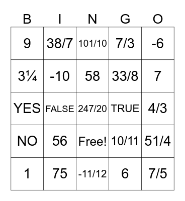 FRACTION BINGO Card