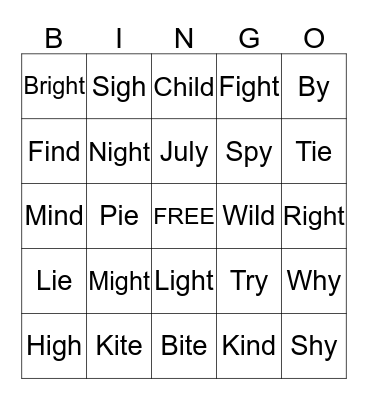 Long i (i, igh, ie, y) Bingo Card