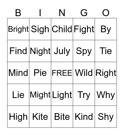 Long i (i, igh, ie, y) Bingo Card