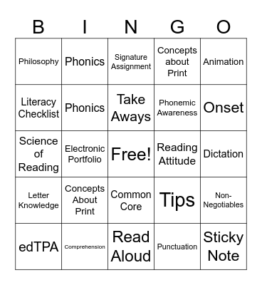 Reading Methods Bingo Card