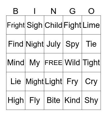 Long i (i, igh, ie, y) Bingo Card
