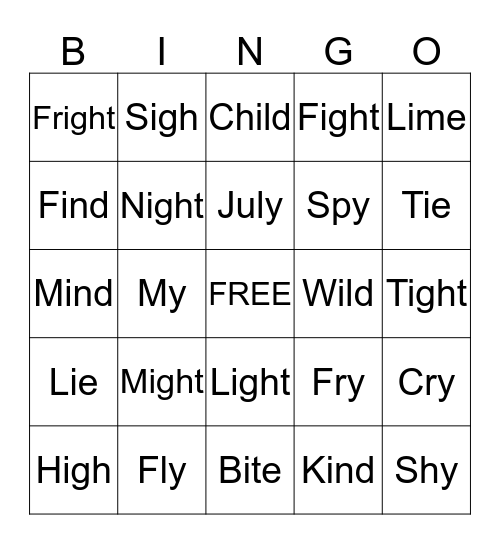 Long i (i, igh, ie, y) Bingo Card