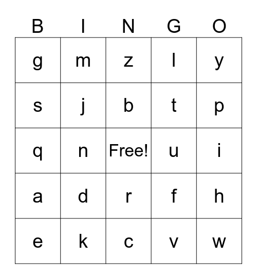 LOWERCASE LETTERS Bingo Card