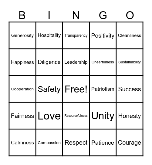 Values Bingo (English 6) Bingo Card