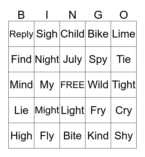 Long i (i, igh, ie, y) Bingo Card