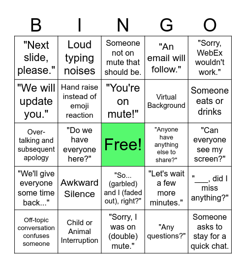 OT Team Meeting BINGO Card