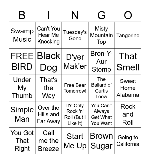 Led Skynard Stones Bingo Card