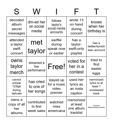 coll 167 swifties bingo Card