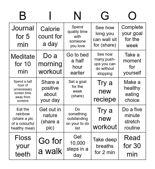 Healthy  Lifestyle Bingo Oct 1 Bingo Card