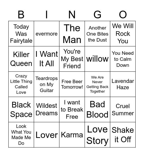 zQueen Taylor Bingo Card